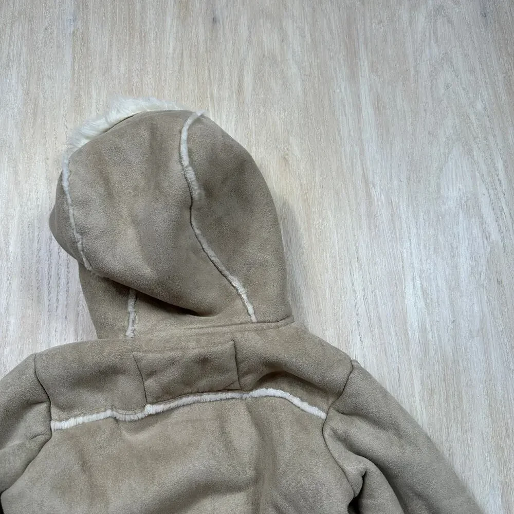 Arizona Jean Co Girls Tan Faux Suede Sherpa Embroidered Y2K Hooded Winter Coat 4